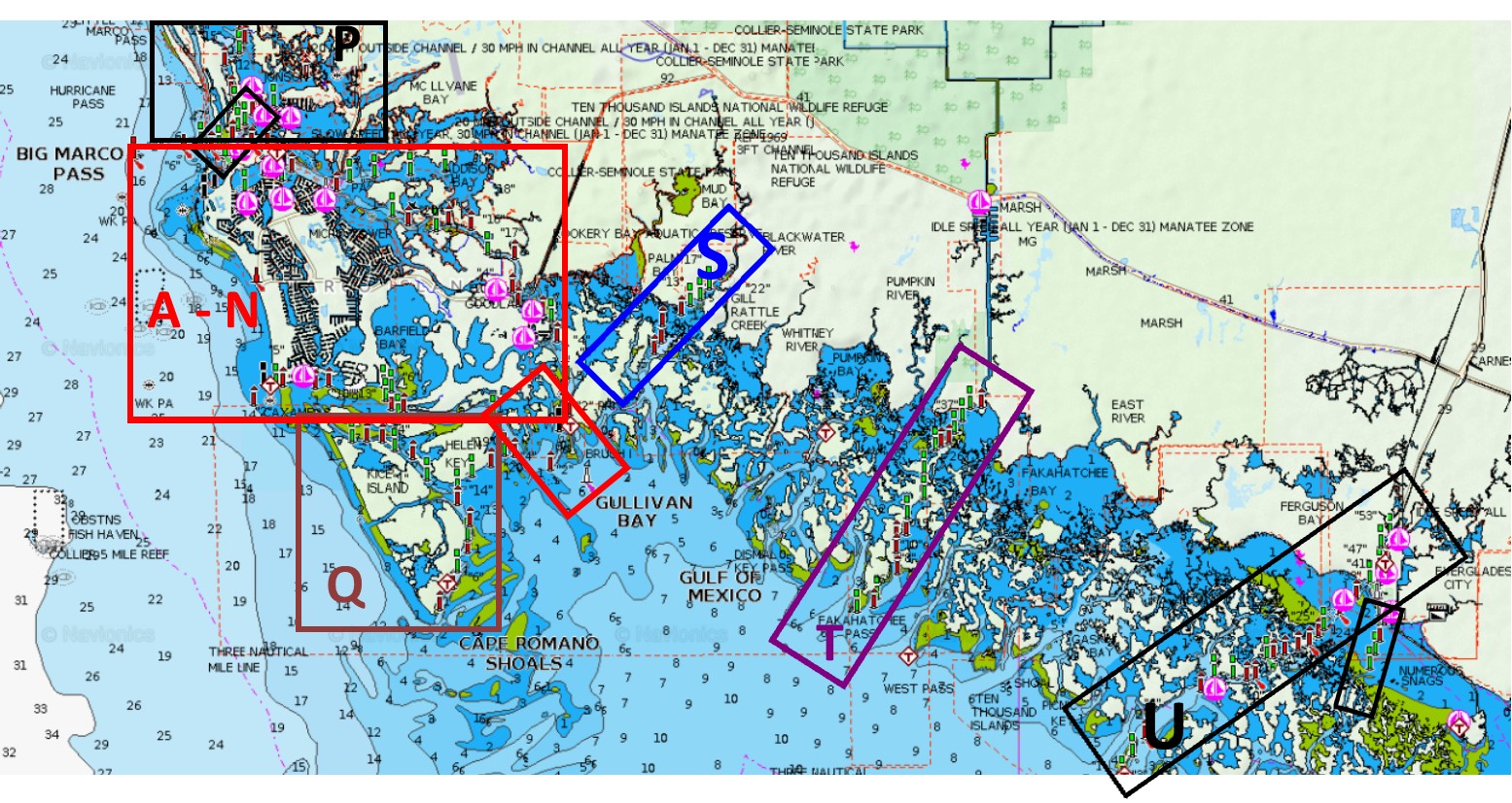 Nautical chart of SW Florida coast from Everglade City to Isle of Capri with ATON zones outlined